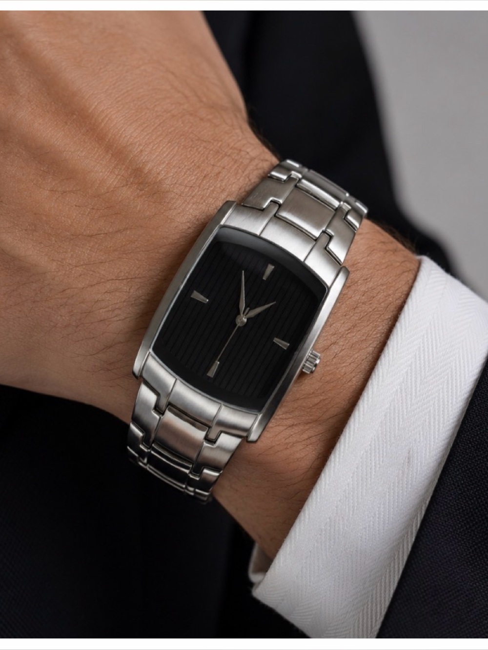 MINICCI • Silver/Black Stainless Steel Rectangular Dress Watch w/ Box, OS